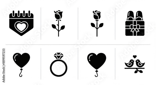 Black silhouette icons for love and romance, featuring hearts, roses, gifts, rings, and romantic concepts, perfect for Valentine's Day and special occasions