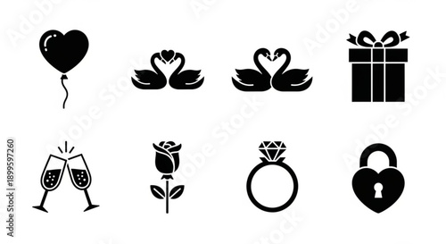 Collection of Valentine's Day and romance-themed icons including a heart balloon, swans, gift box, champagne glasses, rose, ring, and heart lock