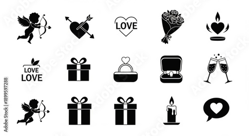 Vector icons representing love and romance cupid, gifts, rings, flowers, candles, hearts, and champagne flutes for Valentine's Day and wedding celebrations