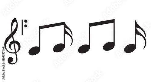 Black musical notes and treble clef on a Transparent Background, symbolizing harmony and melody in music.