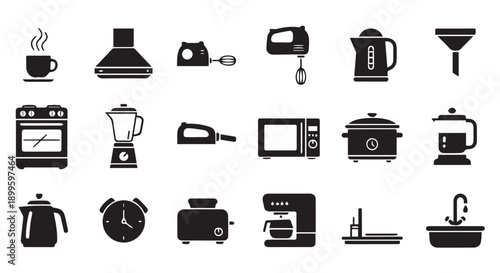 Collection of 16 black kitchen appliance icons on Transparent Background, including coffee maker, blender, and microwave.