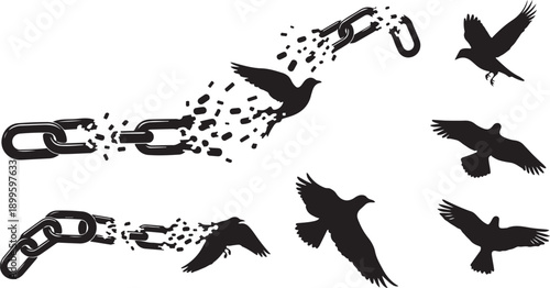 Birds flying free from broken chain links silhouette illustration