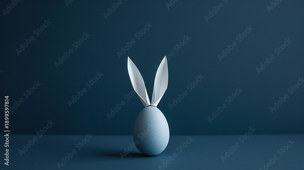 Obraz premium Creative Easter egg bunny on blue background, minimalist surrealism design, blue egg shell and white rabbit ears, cool tone modern home decoration art, 3D concept art, funny toy