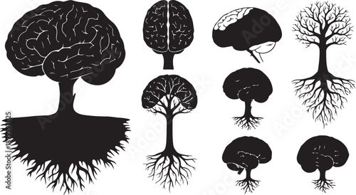 Brain Tree Silhouettes with Roots and Branches Illustration Set