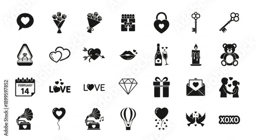 Collection of romantic love icons for Valentine's Day, featuring hearts, gifts, and romantic symbols