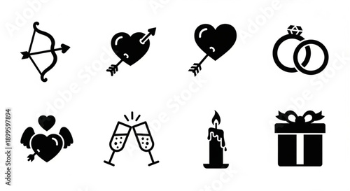 A charming set of universal love and celebration symbols, including hearts, rings, and gifts, designed to add a touch of romance and affection to any project