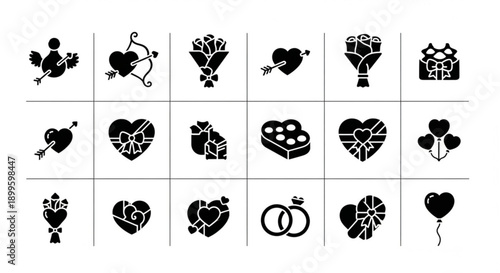Romantic collection of Valentine's Day icons featuring hearts, gifts, arrows, balloons, and wedding rings for expressing love and affection