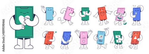 Colourful set of smartphone characters in different poses. Happy and sad mascots of mobile phones. Cute telephones with faces are greeting, smiling, crying. Flat isolated vector illustrations on white