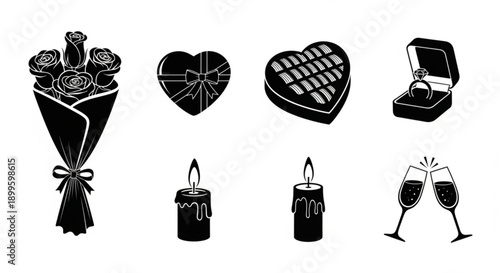 Collection of romantic celebration icons featuring gifts, sweets, and symbols of love; perfect for anniversaries, engagements, and heartfelt gestures
