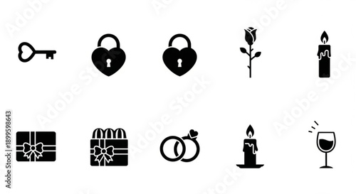 Vector icons symbolizing love, romance, and celebration, featuring heart keys, padlocks, roses, wedding rings, candles, gifts, ideal for romantic themes and event designs