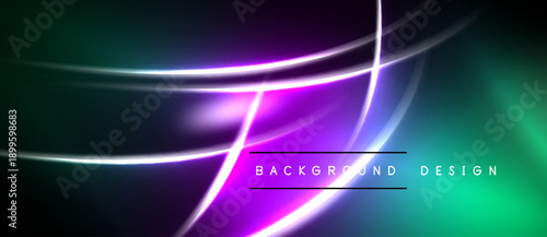 Abstract neon lines create dynamic gradient background. Purple, teal, black hues blend seamlessly. Modern design element.