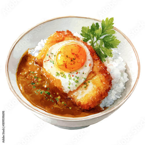 Katsu Curry, watercolor painting vector, isolated on a white background.