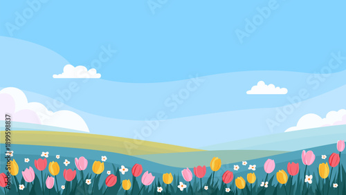 Spring panoramic landscape with fields and wildflowers, hills, and a blue sky with clouds. Spring nature with flower meadows. Vector illustration of a spring landscape.
