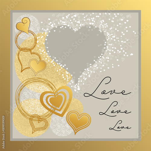 AMOUR-Love-Cœur-Or+BCarte graphique or et gris pour la st Valentin ou pour une autre preuve d’amour, avec le mot « Love » et des cœurs dans de multiple formes.lanc