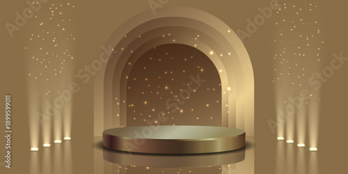 An elegant arch shaped podium with beams of light.