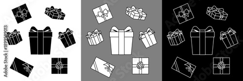 PICTO-CaEnsemble de pictogrammes en forme de cadeaux - silhouette noire détourée, silhouette blanche au contour noir et contour blanc sans fond.deau-x3