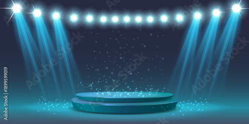 Futuristic podium with spotlight beams and glowing particles.