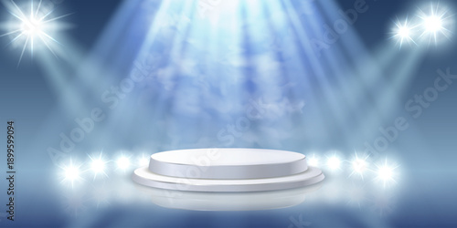 White podium with stage lights and spotlights background.