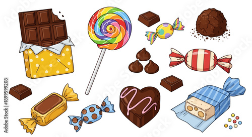 Playful Cartoon Sweet Treats and Chocolates Vector Collection EPS10 Stock.eps
