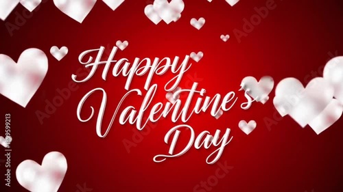 White hearts flying up. Red animated background with text happy valentine's day. Greeting love card
