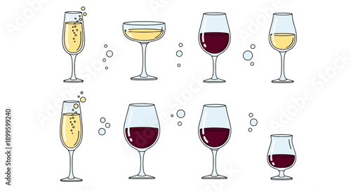 Minimalist vector illustration set of various wine and champagne glass types EPS10 Stock.eps