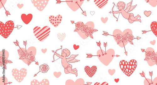 Fotografie Hand drawn Valentine s Day Seamless Pattern Hearts Cupids Arrows Roses EPS10 Stock