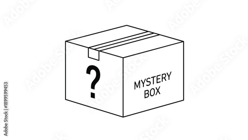 Simple line drawing of a mystery box with a large question mark representing a surprise gift or unknown package contents.