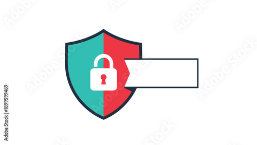 Cybersecurity emblem featuring a protective shield with a central padlock and a blank white banner for custom text.