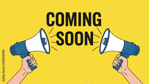 Announcement banner for a coming soon event featuring two hands with megaphones on a bright yellow background.