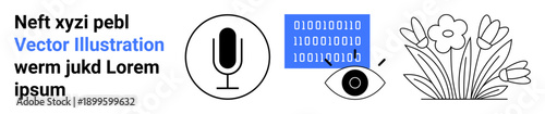 Audio recording, digital security, surveillance, nature, technology, coding. Microphone, eye with binary code and flowers in minimalist icons. Audio recording and digital security