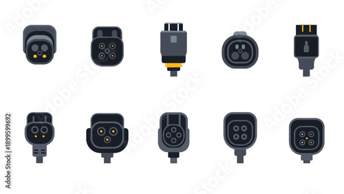 Different electric vehicle charging connector types and plugs for sustainable energy and green transport technology.