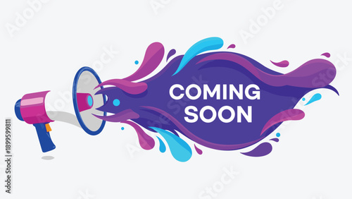Exciting coming soon announcement with megaphone and colorful artistic splash for new products and events.