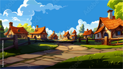 Cartoon Village Landscape With Houses Trees and Blue Sky Background For Children's Illustration Book Cover or Game Design Projects