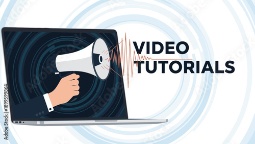 Video tutorials online learning concept with laptop megaphone and sound wave for digital education and guidance.