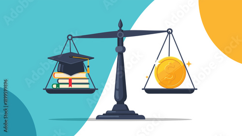 Balance between education and money with scale showing graduation cap and gold coin for financial planning topics.