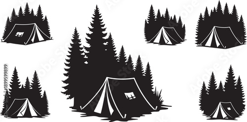 Camping Tents in Forest Silhouette Vector Illustration Set