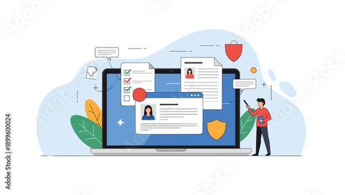 Professional user profile management interface on a laptop screen with documents and security shield icons for data privacy.