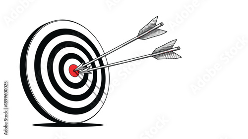 Target board with two arrows hitting the red bullseye representing success and accurate business goal achievement.