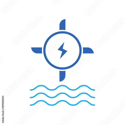 Icon a hydro power generation with water waves and turbine, isolated against a clean background.
