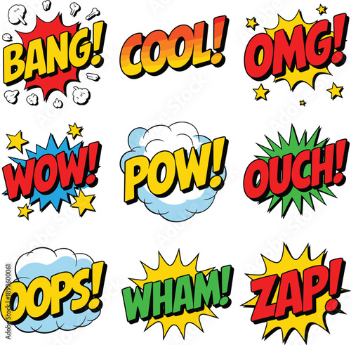 Colorful comic book sound effects speech bubbles set with bang cool wow pow zap expressions, pop art style illustration for fun graphic design projects