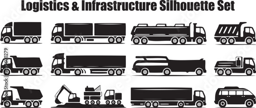 A collection of various truck and heavy equipment vehicle silhouettes displayed on a clean white background