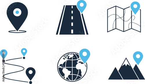 Navigation and location icons set with map, road, route, globe and destination pins, GPS symbols, flat vector illustration collection