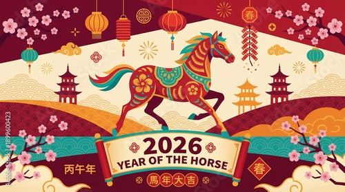 Colorful illustration celebrating the 2026 Chinese New Year, featuring a decorated horse, lanterns, cherry blossoms, and traditional pagodas.