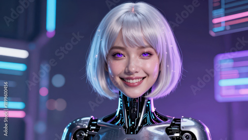 Futuristic female android with silver bob haircut, glowing purple eyes, luminous skin accents, and cybernetic neck and torso in neon laboratory, smiling warmly in soft purple lighting