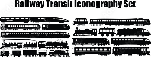 A comprehensive collection of black silhouette icons showcasing various railway transit vehicles and locomotives on a clean white background