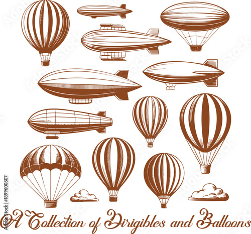 A diverse collection of vintage hot air balloons and airships soaring gracefully across the sky