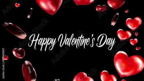 Animation of happy valentine's day text over red hearts on black background

