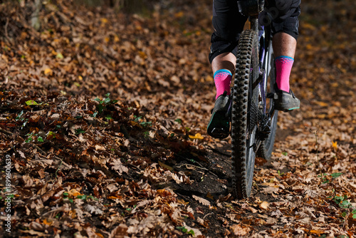 Autumn Mountain Bike Ride Through Leafy Forest Trail With Pink Socks