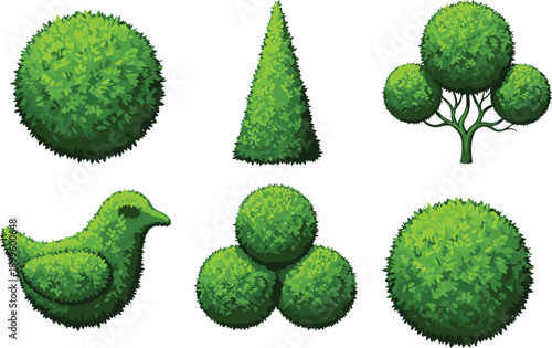 Set of green garden bushes and trees in different shapes, decorative topiary plants, landscaping elements, flat vector illustration, isolated on white