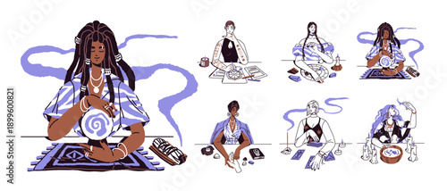 Hand drawn set of fortune telling women. Fortunetellers do divination with tarot cards, magic ball and palm reading. Future tellers do destiny, prophecy. Flat isolated vector illustrations on white